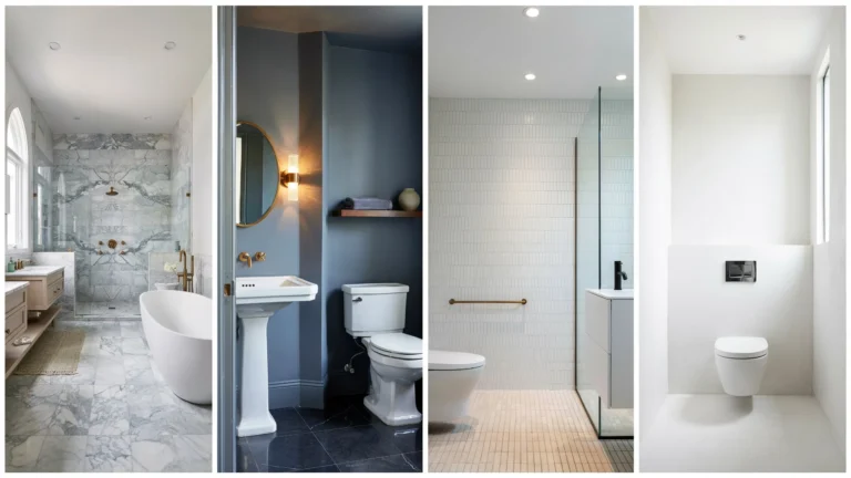 Four types of bathrooms side by side showing a full bathroom with soaking tub, half bathroom with pedestal sink, three-quarter bathroom with walk-in shower, and quarter bathroom with wall-hung toilet