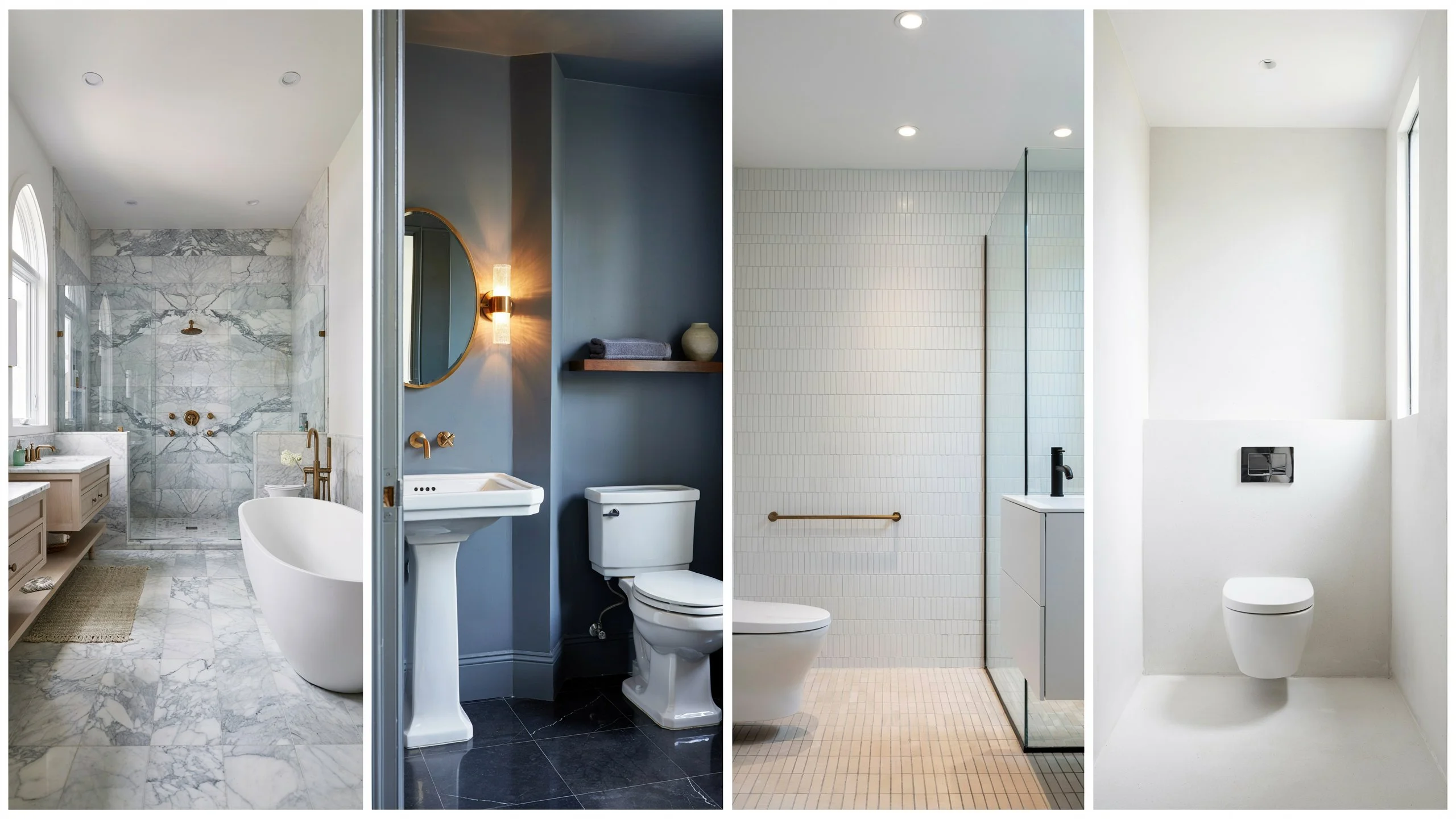 Four types of bathrooms side by side showing a full bathroom with soaking tub, half bathroom with pedestal sink, three-quarter bathroom with walk-in shower, and quarter bathroom with wall-hung toilet