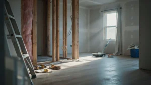 Exposed wall framing and insulation during a full remodel in a sunlit room