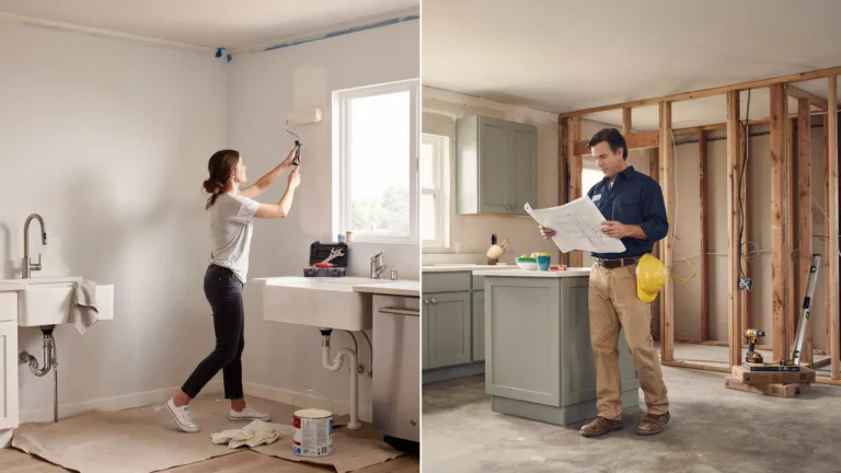 Split image comparing home improvement and remodeling, woman painting a wall on the left and contractor reviewing blueprints in a kitchen with exposed framing on the right