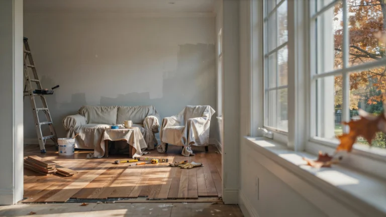Living room renovation in progress during fall with dust sheets over furniture, tools on hardwood floor, and autumn leaves visible through large windows