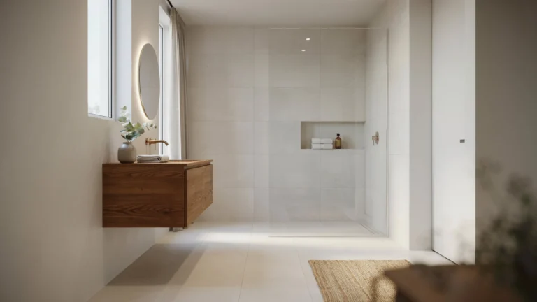 Modern Scandinavian bathroom with floating wood vanity, round backlit mirror, and frameless glass walk-in shower with tiled niche.