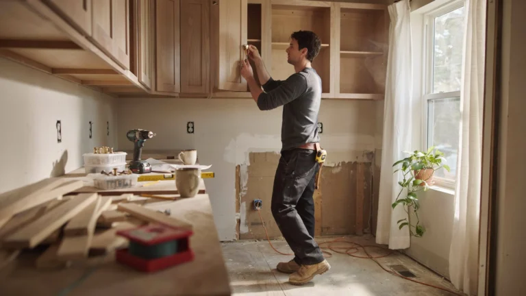 Carpenter installing brass hardware on unfinished wood kitchen cabinets during a mid-renovation project with exposed drywall