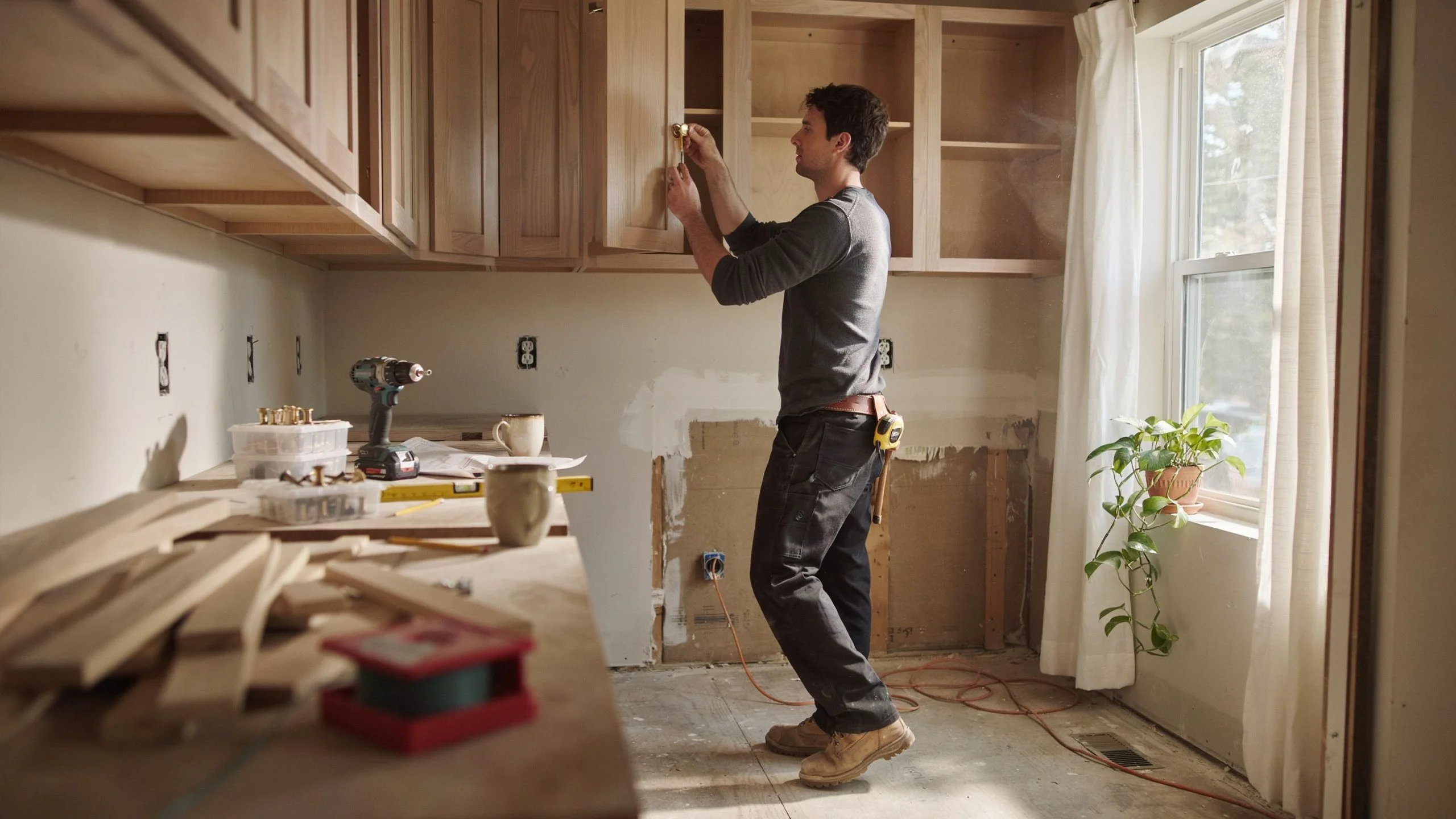 Carpenter installing brass hardware on unfinished wood kitchen cabinets during a mid-renovation project with exposed drywall