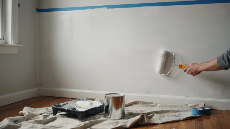 Hand using a paint roller to apply white paint on an interior wall above a drop cloth with paint tray and supplies