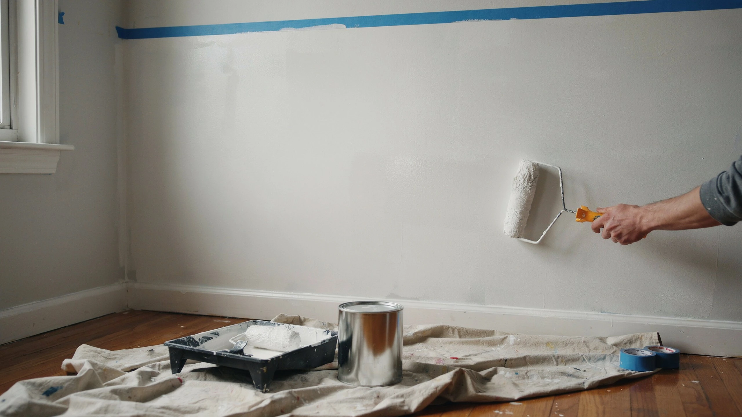 Hand using a paint roller to apply white paint on an interior wall above a drop cloth with paint tray and supplies