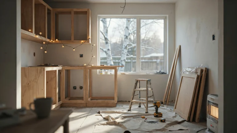 Unfinished kitchen cabinets and tools during a winter renovation with snow visible through the window