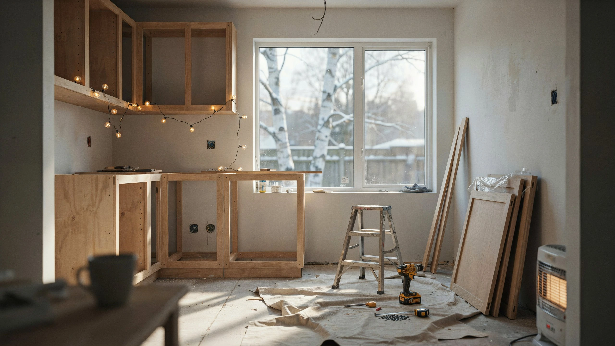 Unfinished kitchen cabinets and tools during a winter renovation with snow visible through the window