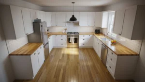 White shaker cabinet U-shaped kitchen with butcher block countertops, subway tile backsplash, and stainless steel appliances
