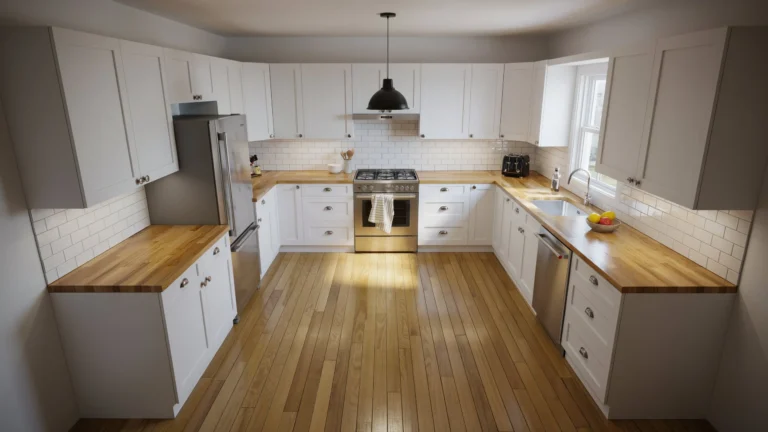 White shaker cabinet U-shaped kitchen with butcher block countertops, subway tile backsplash, and stainless steel appliances