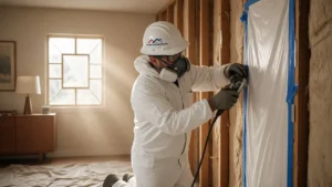 Would a home remodel trigger toxins in house — contractor in protective suit and respirator safely removing wall material with containment sheeting