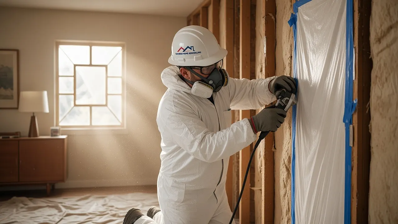 Would a home remodel trigger toxins in house — contractor in protective suit and respirator safely removing wall material with containment sheeting
