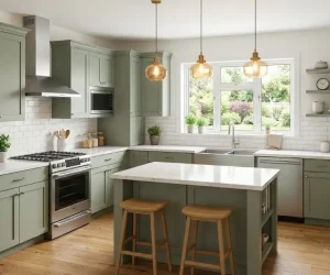 12x12 kitchen remodel cost example showing sage green shaker cabinets, white quartz countertops, stainless steel appliances, and hardwood flooring in a modern L-shaped kitchen layout