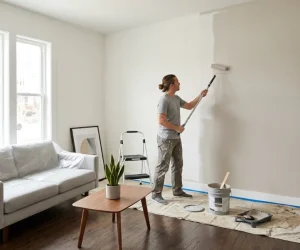 Homeowner painting living room walls with a roller as part of DIY home improvement tips on a budget