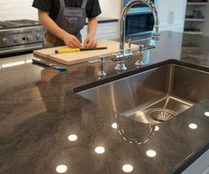 Granite And Sink Installation with undermount sink and polished countertop in modern kitchen