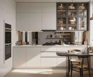 How to make a small kitchen look bigger with white cabinets, natural light, and modern compact kitchen design