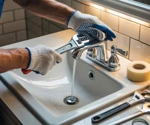 How to Replace a Bathroom Faucet step by step using wrench and tools under sink