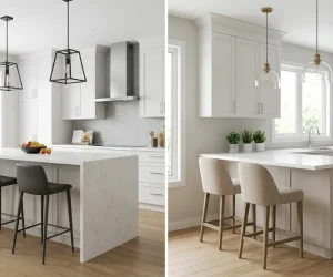 Kitchen peninsula vs island side-by-side comparison showing a freestanding island with marble countertop and bar stools in a modern white kitchen