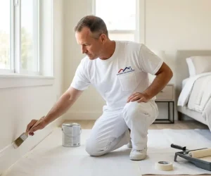 Professional painter painting baseboards in a bedroom showing how much does it cost to paint a room with drop cloths and tools visible