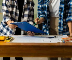 homeowners reviewing remodeling project checklist and planning home renovation steps on blueprint