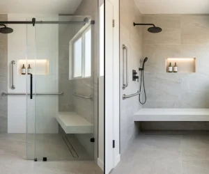 Tub to shower conversion with grab bars, built-in bench, rainfall shower head, and curbless walk-in shower in large format tile bathroom
